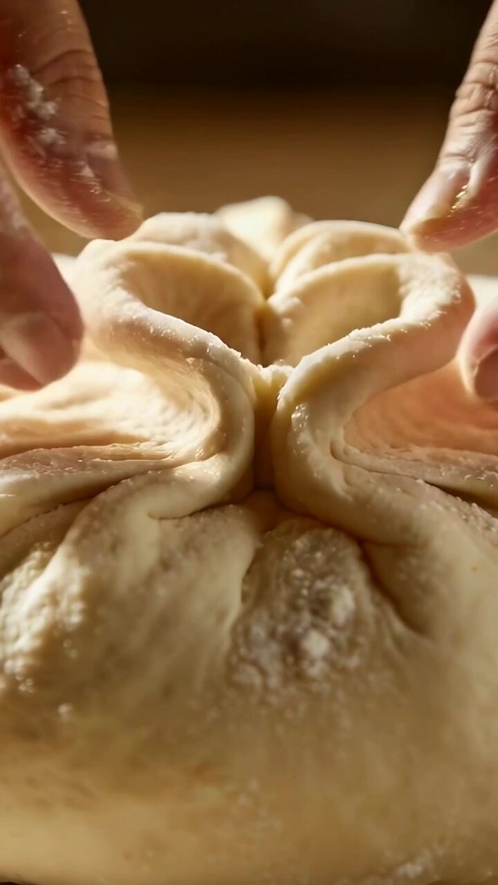 Vertical video: Pressing fingers shaping dough into four-lobed form on wood surface, with flour