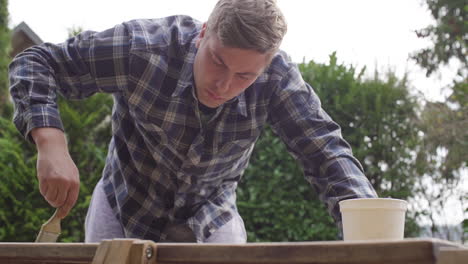 man painting a wooden deck