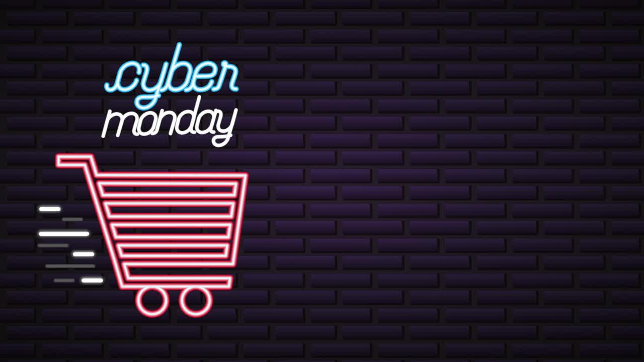 쇼핑 카트와 함께 사이버 월요일 네온 조명 애니메이션