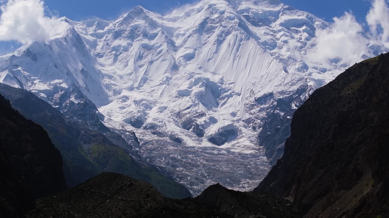 Drone Ascends, Reveal Dramatic Rakaposhi Mountain Peak. Karakoram Range Pakistan