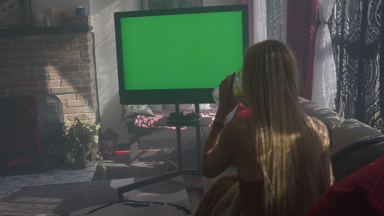 televisión de pantalla verde en una mañana brumosa y brumosa con una mujer rubia sentada en un sofá acurrucada con una manta mirando y bebiendo de un vaso de agua con champán y revisando su teléfono