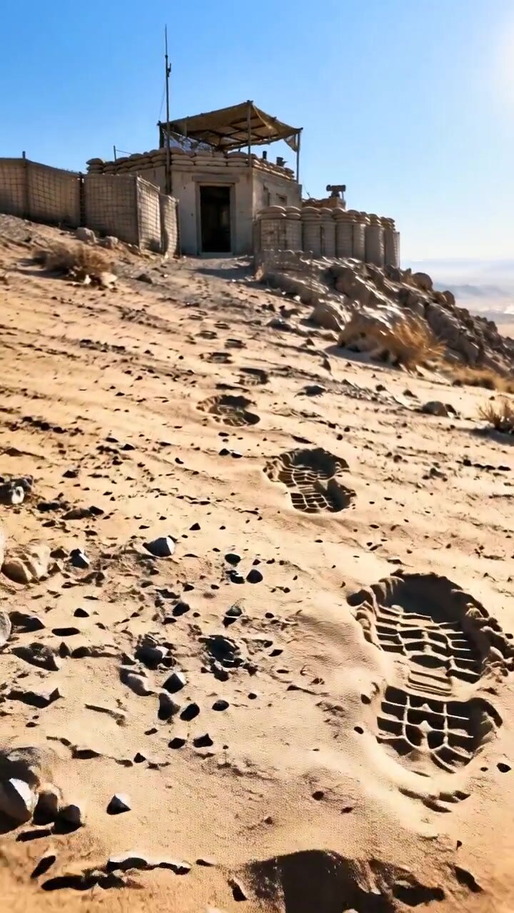 Le profonde impronte del battistrada si estendono dal primo piano verso la collina mentre l'inquadratura avanza sulla sabbia soleggiata e sulle pietre sparse, avvicinando il rifugio rinforzato e l'ingresso aperto