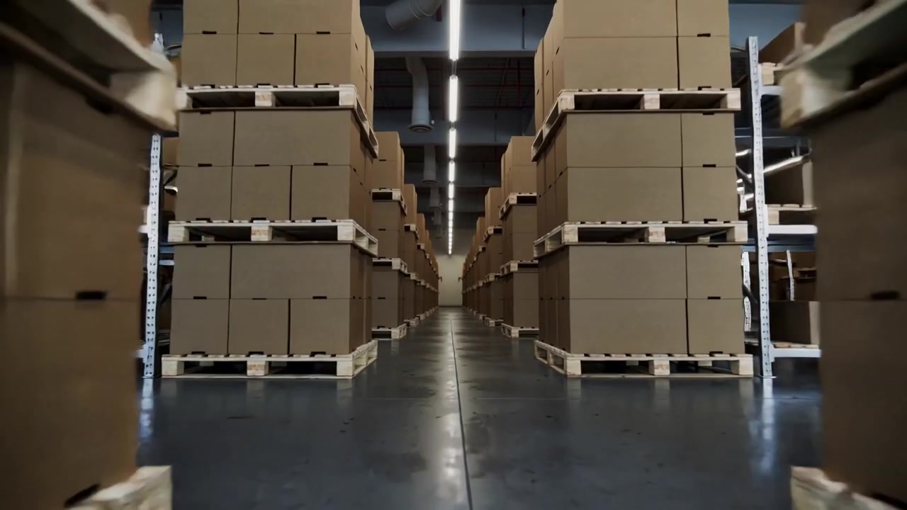 Telecamera in movimento che avanza lungo il corridoio di un magazzino, filmando scatole di cartone impilate su pallet.