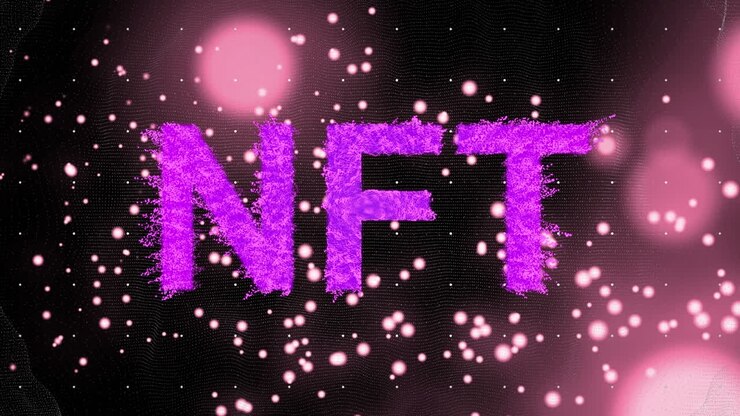 Animation of nft text over glowing purple lights on dark background