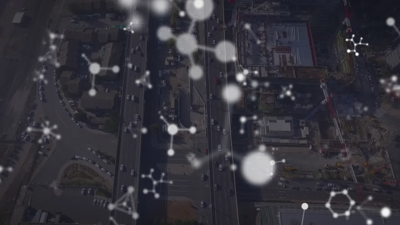 도시 풍경 위에서 움직이는 모양의 애니메이션