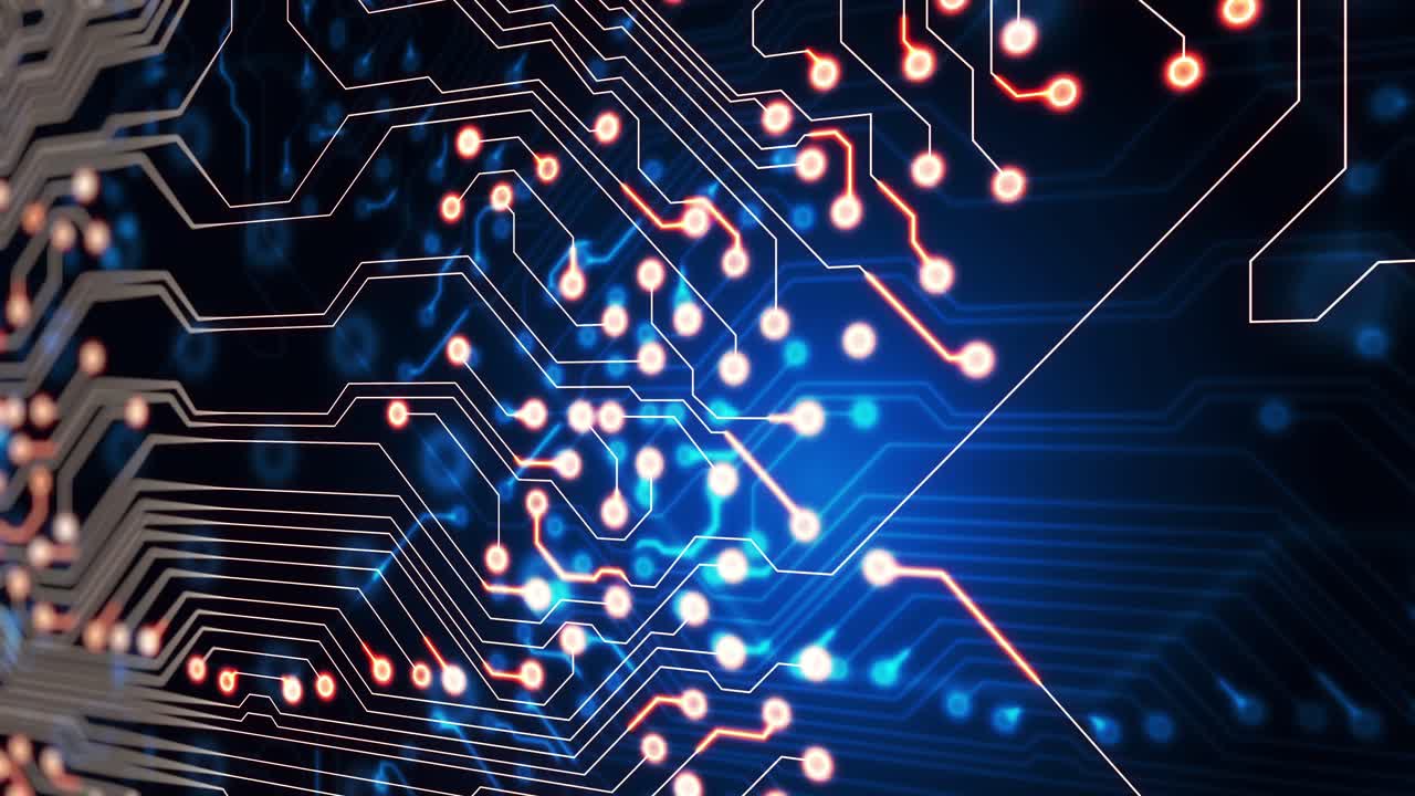 컴퓨터 회로판 위에서 움직이는 빛의 흔적의 애니메이션