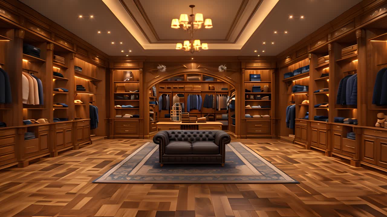 Luxurious Walk-in Closet with Elegant Woodwork and Extensive Clothing Storage