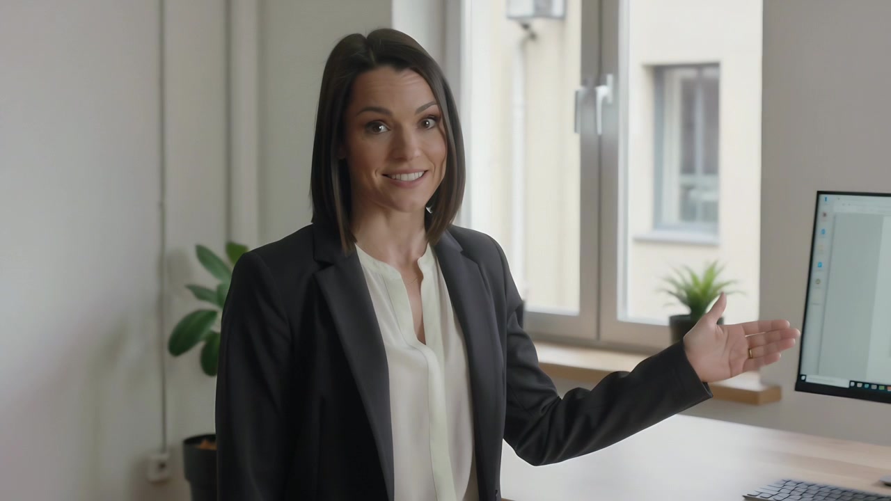 Introducing topic, woman in blazer raising right arm, smiling, speaking in small office with shelf