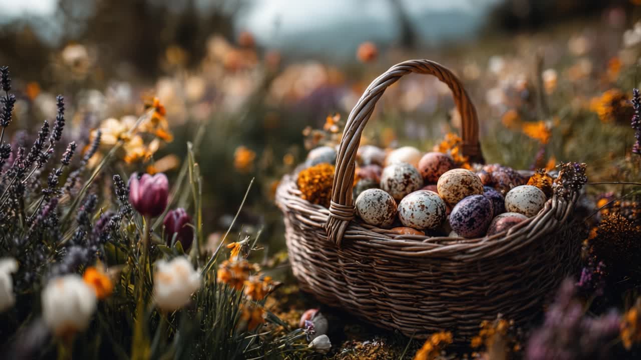 A Vibrant Basket Filled with Colorful Easter Eggs Nestled Among Blooming Wildflowers in a Serene Natural Landscape