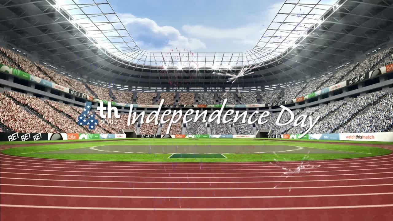 스포츠 경기장 위 에 있는 독립기념일 문자 의 애니메이션