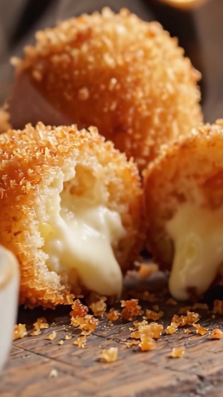 Deliciously Crispy Cheese Balls: A Tempting Visual Journey of Deep-Fried Treats with Oozing Cheese Center and Crunchy Golden Coating Perfectly Served with Sauce