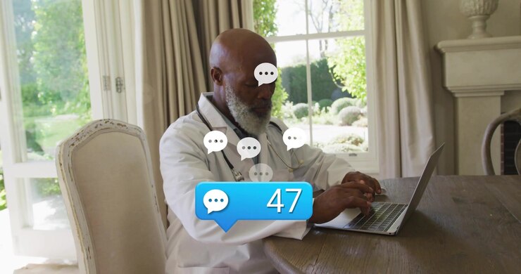 Chat ping appearing, physician typing, message bubbles growing and counter rising to handle chats