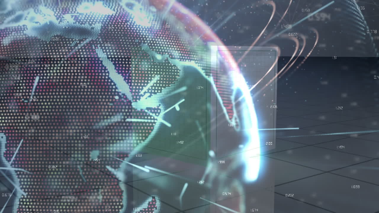 빛으로 회전하는 지구상에서 그래프와 금융 데이터의 애니메이션