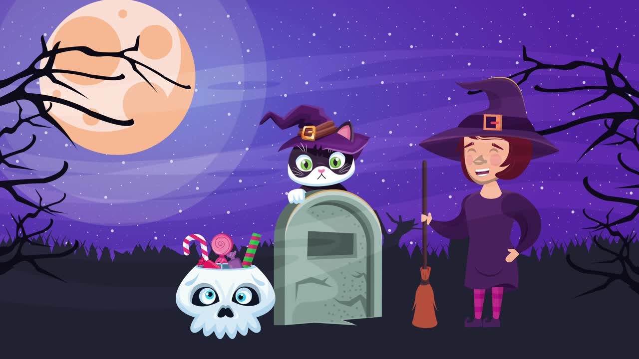 묘지에서 작은 고양이와 마녀와 함께 행복한 할로윈 애니메이션 장면