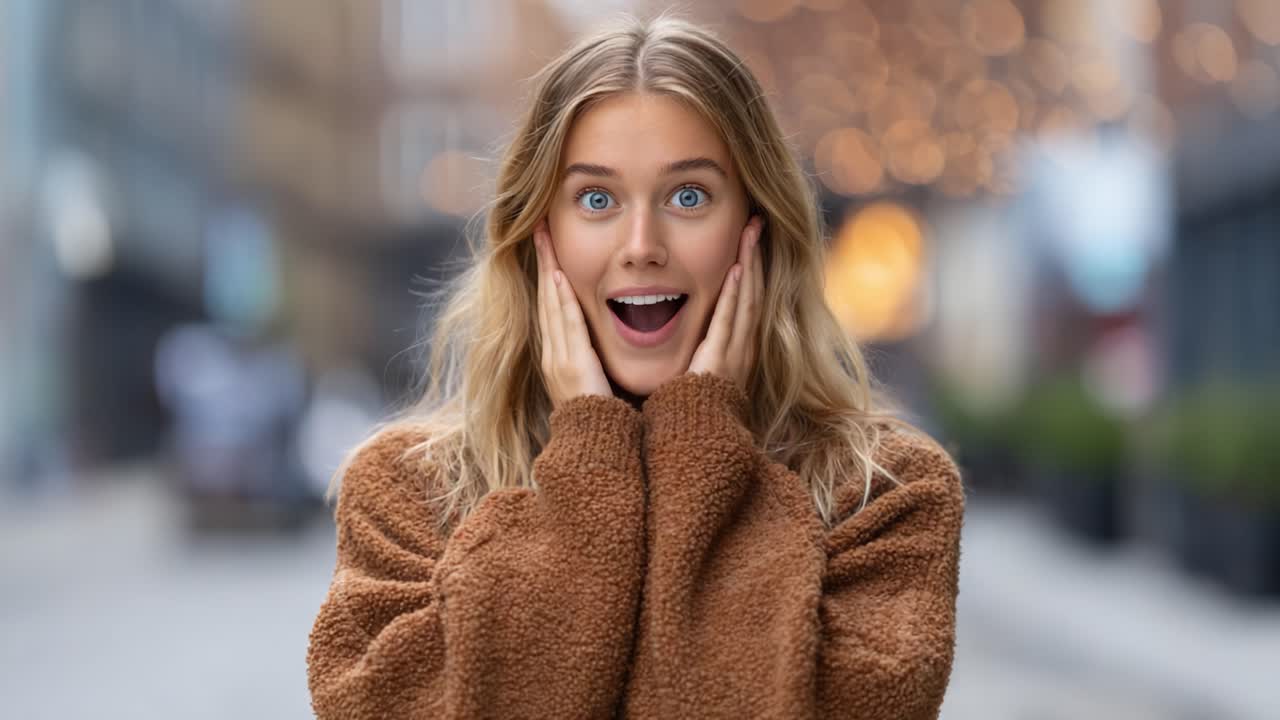 Astonished Young Woman Expressing Surprise and Concern in a Charming Urban Setting with Blurred Background Lights Surrounding Her