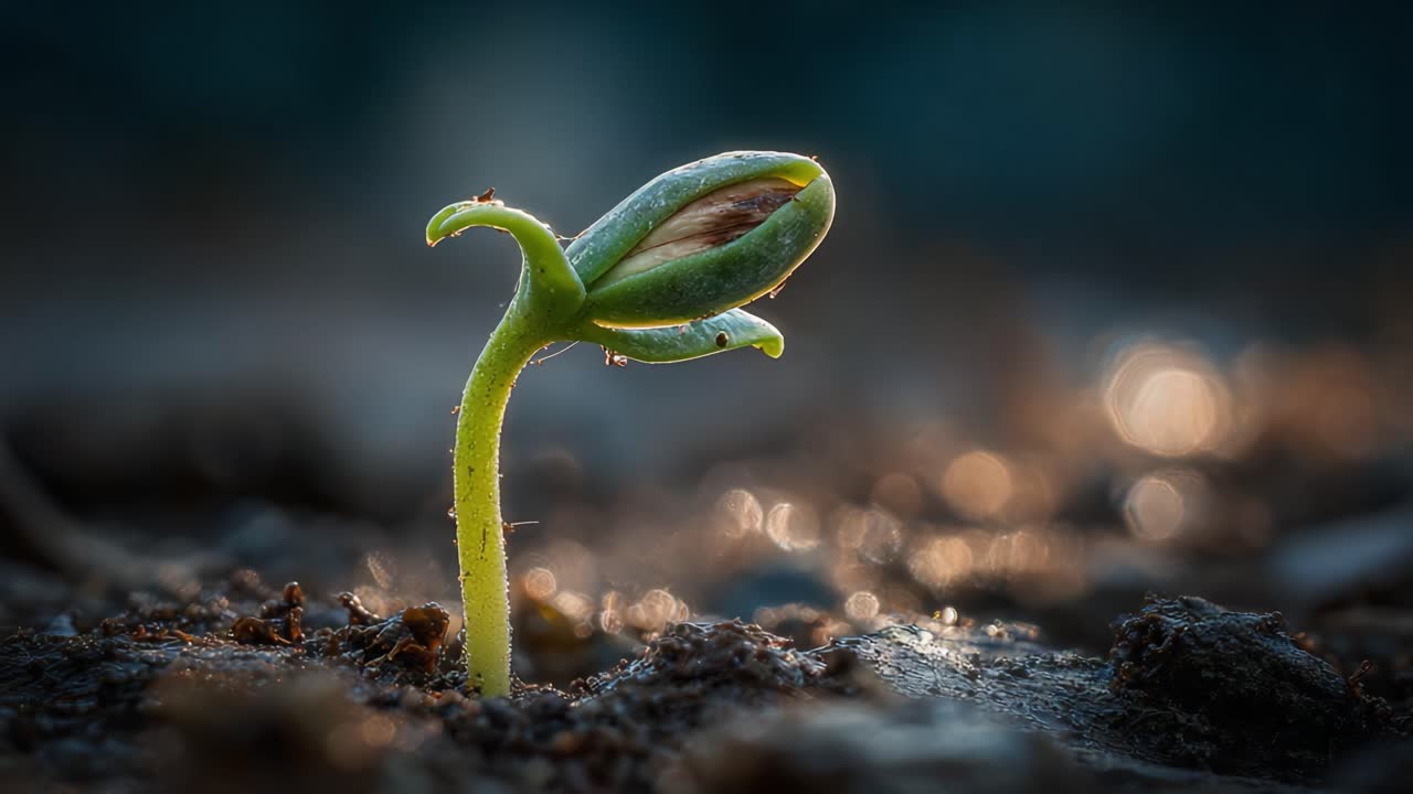 A Close-Up View of a Young Seedling Emerges from the Soil, Capturing the Essence of New Growth and Nature's Resilience in a Beautifully Lit Environment