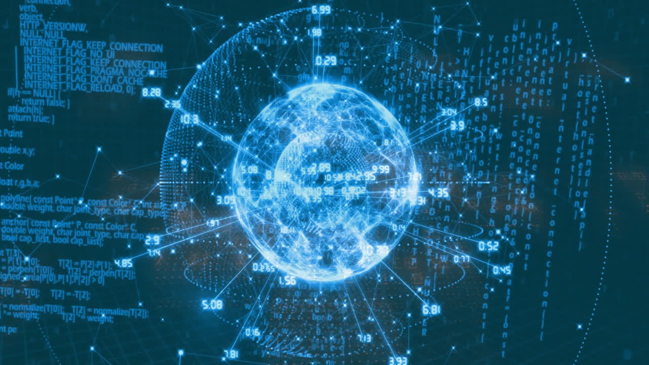 데이터 포인트와 코딩 애니메이션과 파란색 배경의 디지털 글로브