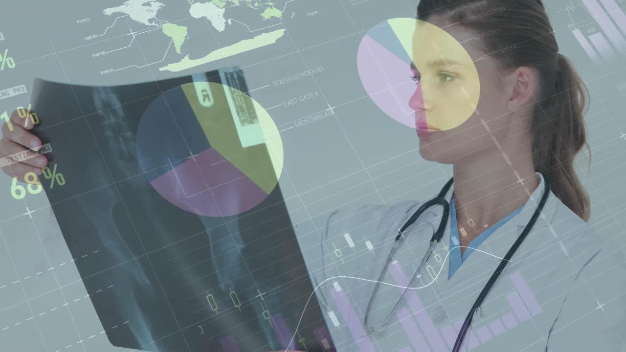 animación del procesamiento de datos financieros sobre una doctora caucásica