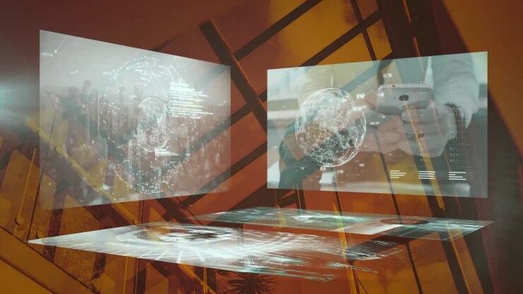Animation of data processing on screens over cityscape