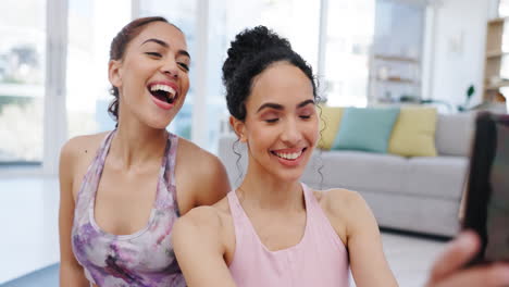 happy, yoga or friends take a selfie for a social
