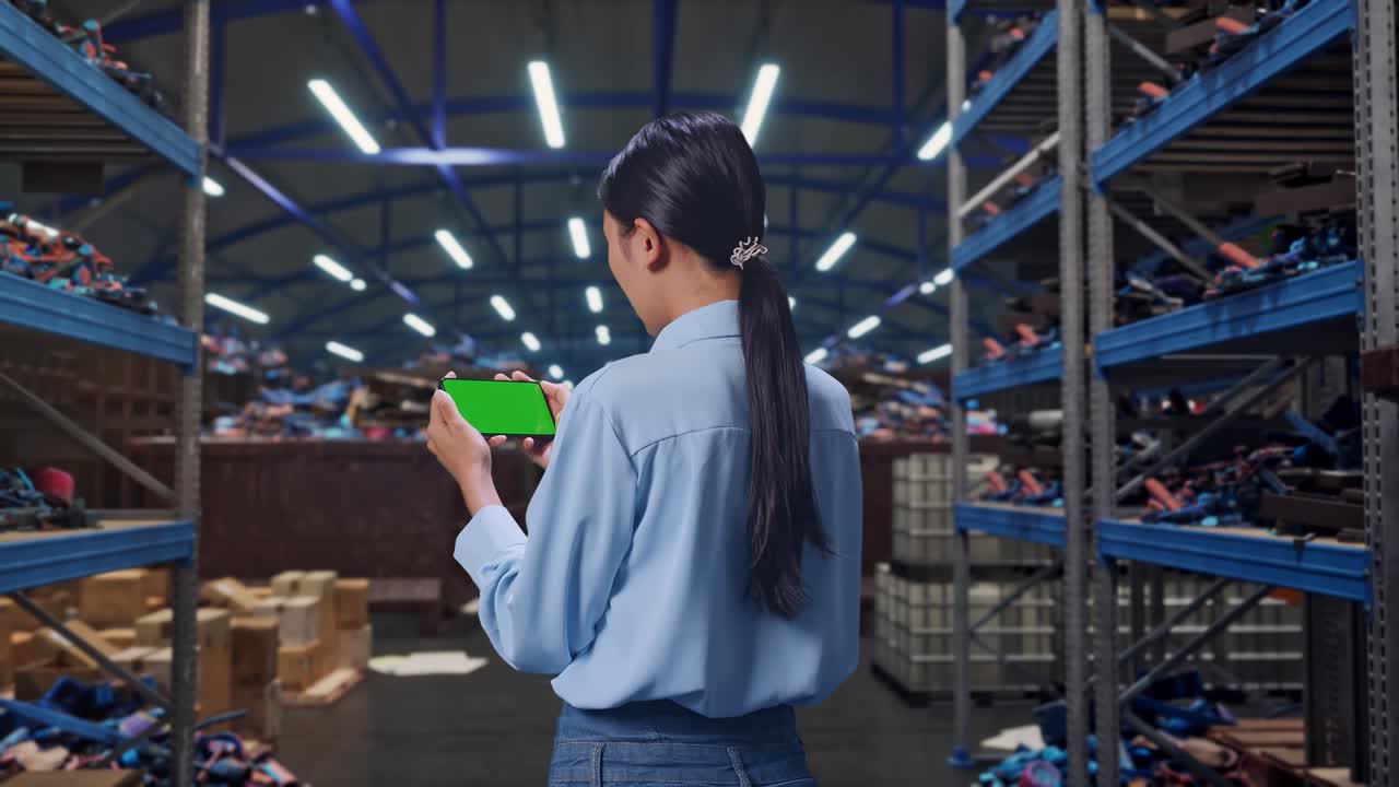 Back View Of Asian Female, Industrial Scrap Metal and Recycling Warehouse, Checking On Smartphone With Green Screen And Look