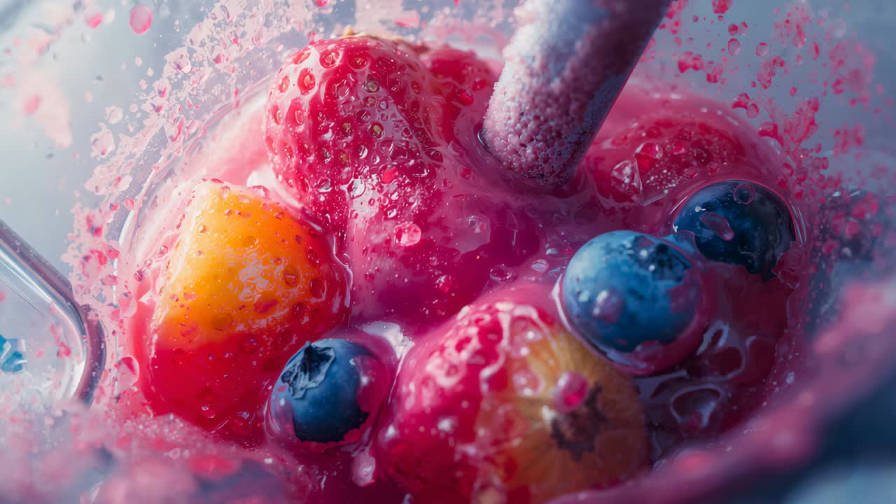 Entering right immersion shaft pulsing strawberry blueberry peach in blender jar making pink drink