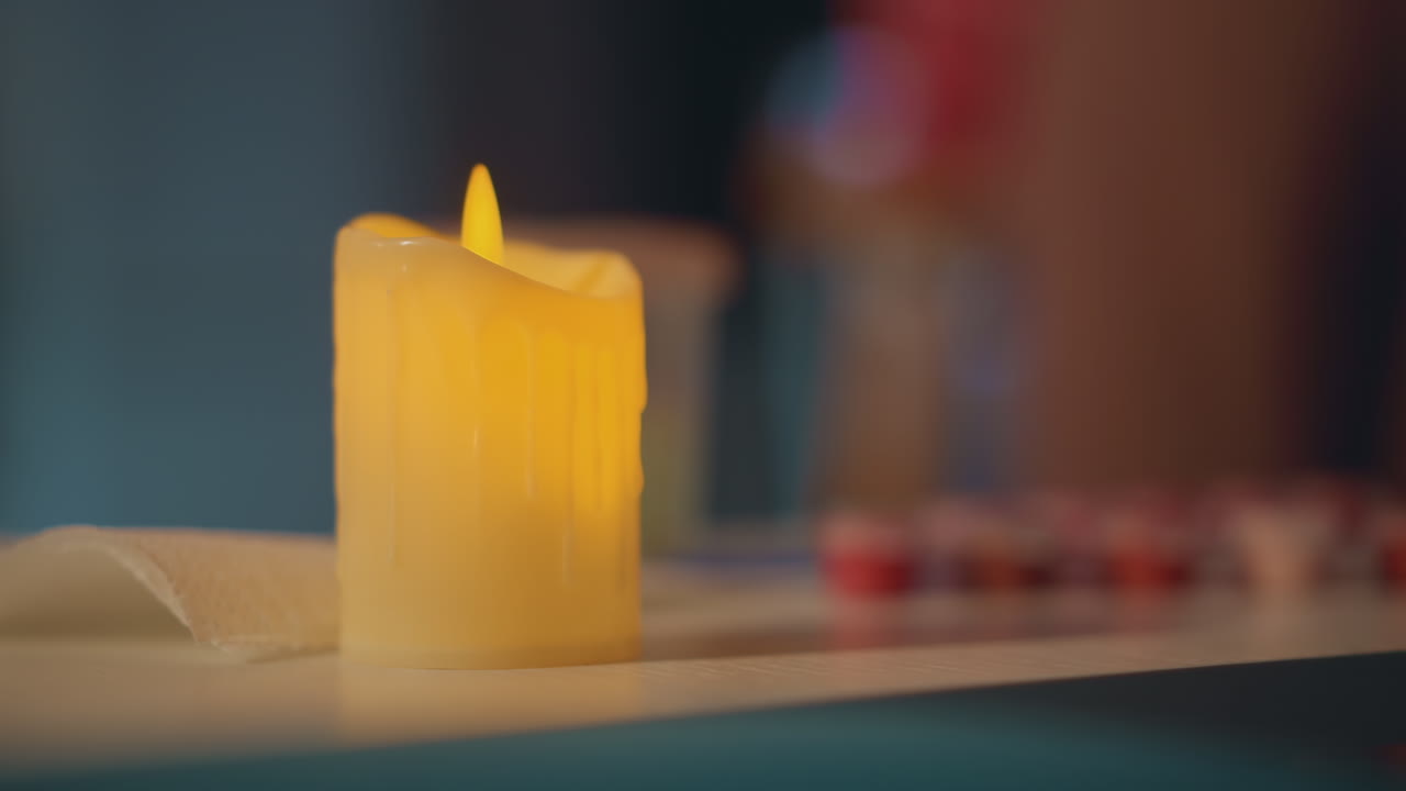 Warm Yellow LED Candle Creates Tranquil Ambiance, Relaxing Scene With Gentle Candle Light And Serene Background, Serene Setting Featuring Softly Glowing LED Candle And Peaceful Blurred Surroundings