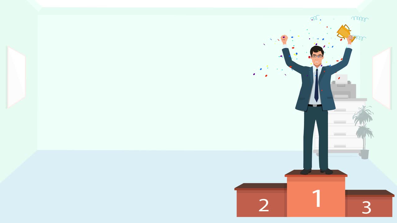 una versión de dibujos animados de un hombre de negocios que se muestra en un podio con un trofeo en la mano y una oficina en el fondo que representa el concepto de éxito empresarial