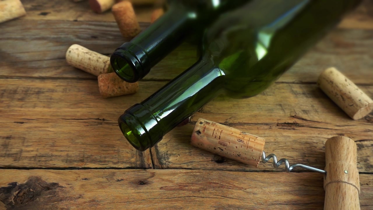 Bottiglie di vino su una vecchia tavola di legno vintage e tappi che cadono. Movimento rallentato