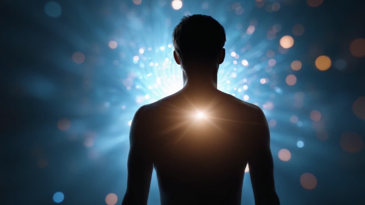 Una representación visual fascinante de energía cósmica e iluminación, que muestra una figura iluminada desde dentro sobre un fondo de luz y partículas etéreas.