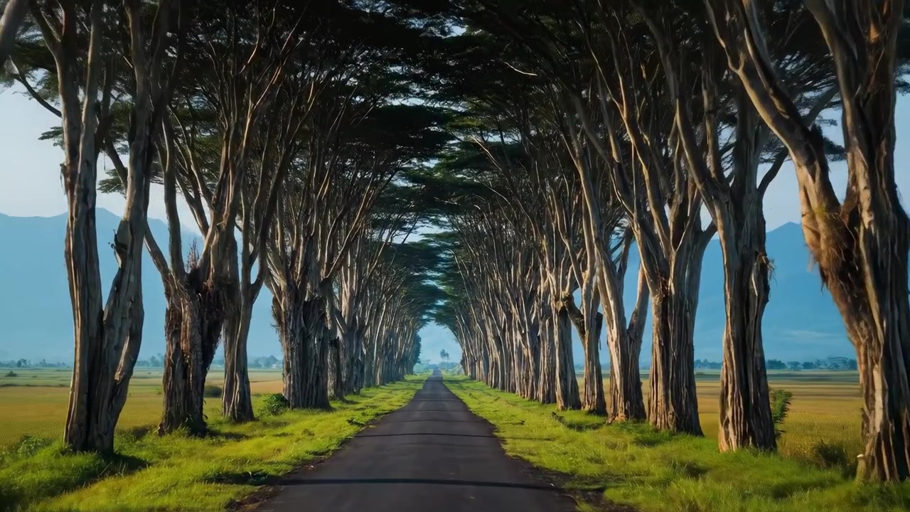 Strada panoramica costeggiata da alberi alti in un paesaggio rurale