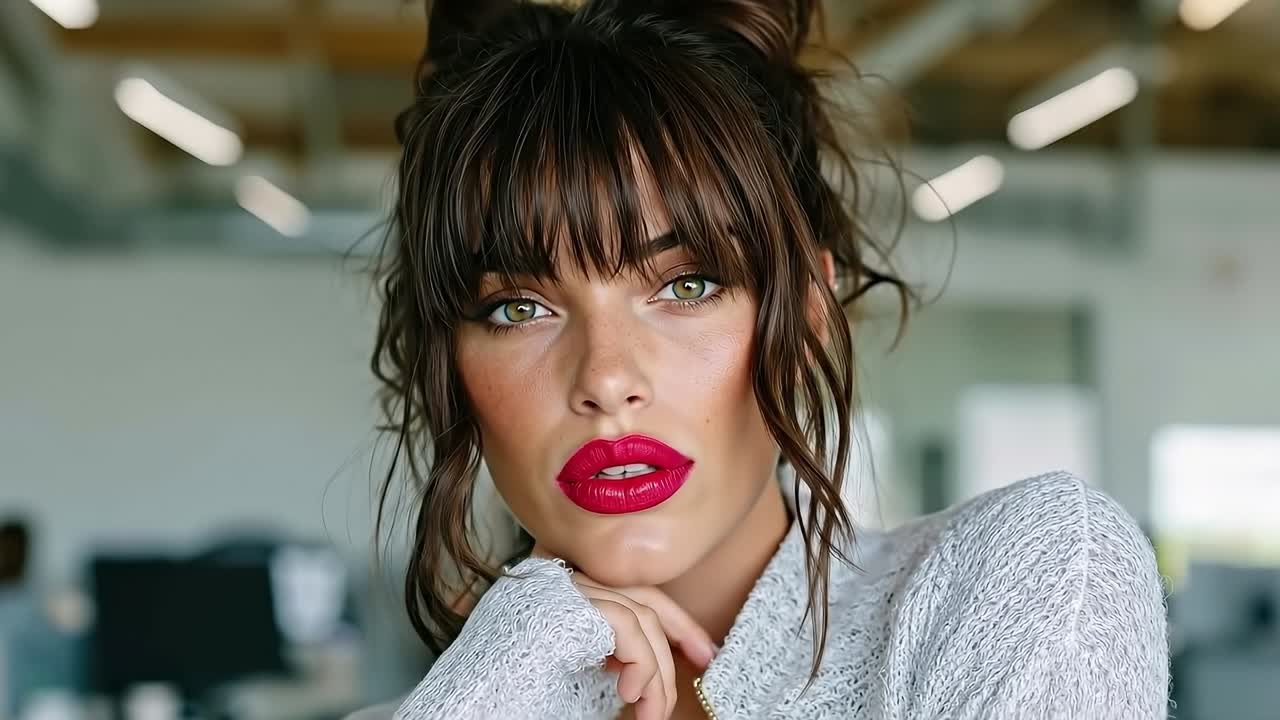 una mujer con un lápiz labial rojo en los labios