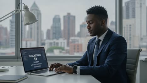 professional individual engaged in financial management and blockchain technology with focus on salary transfer and desktop computing in an urban office environment