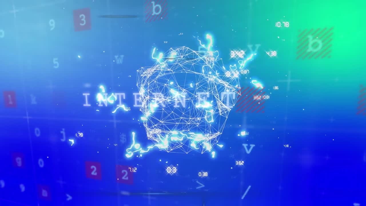 파란색 배경에 데이터 처리 및 연결 네트워크의 애니메이션