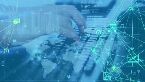Globe-of-network-of-connections-and-data-processing-against-man-typing-on-computer-keyboard