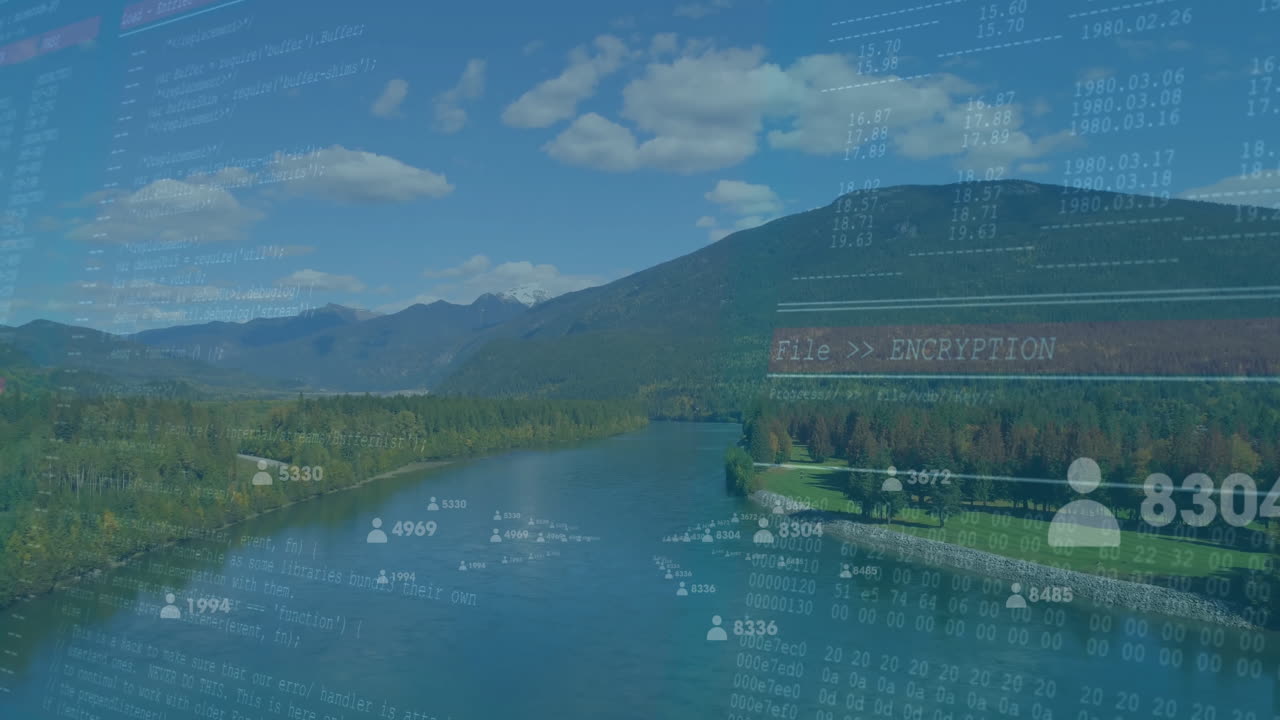 Aerial river valley landscape being overlaid by flowing encryption and user icons in flat design