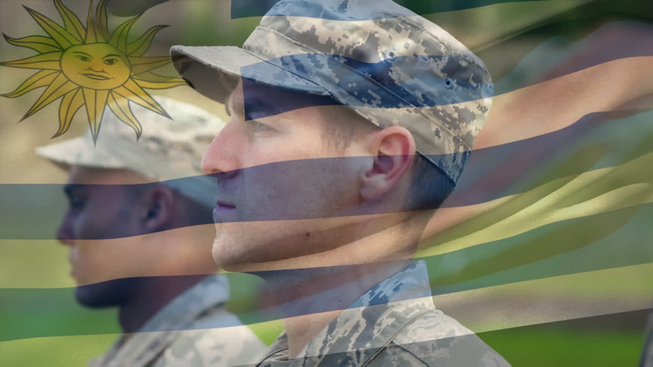 우루과이 국기가 카우카스 군인 위에 흔들리는 애니메이션