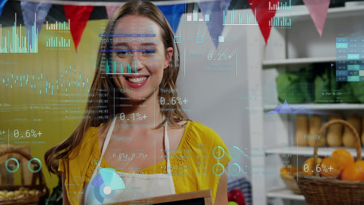 Camera widening, woman holding OPEN sign in market, smiling, charts overlaying frame, driving sales