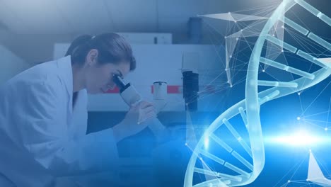 animación de la cadena de adn girando sobre el científico en el laboratorio