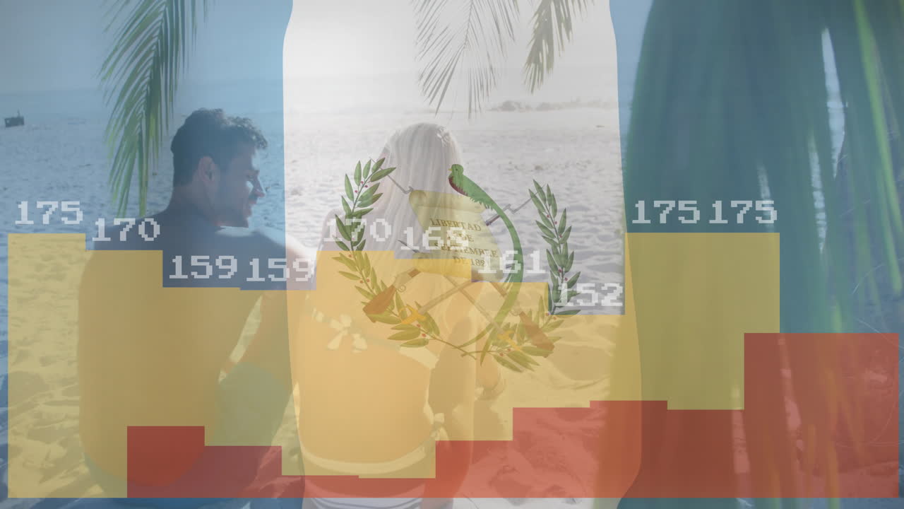 Couple relaxing on beach with Guatemalan flag and data processing animation overlay