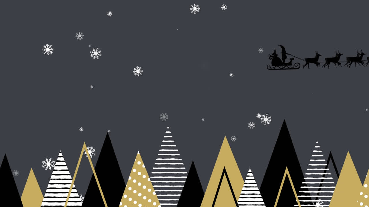 animación de árboles de navidad y santa en trineo con renos en fondo negro