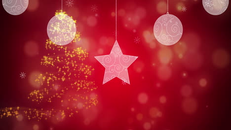 animación de estrellas brillantes que forman un árbol de navidad sobre bolas en fondo rojo