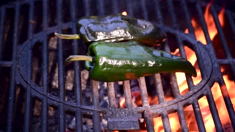 poblano peppers on outdoor grill closeup showing flames and smoke with copy space