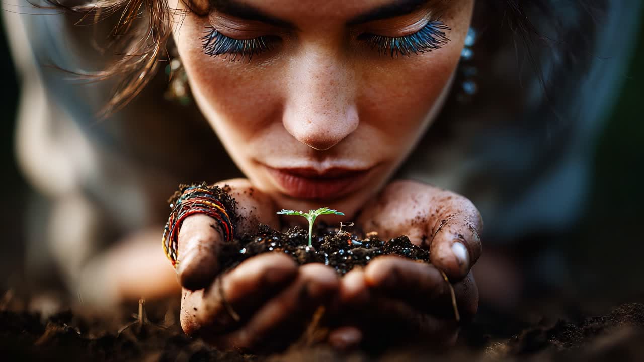 A woman lovingly tending to a young plant, emphasizing the delicate bond between humanity and nature, showcasing the beauty of growth and nurturing in our environment
