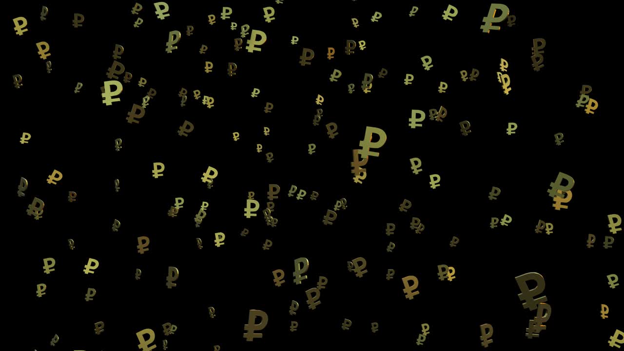 el rublo ruso o el rublo símbolos dorados que caen sobre el fondo negro. 4k
