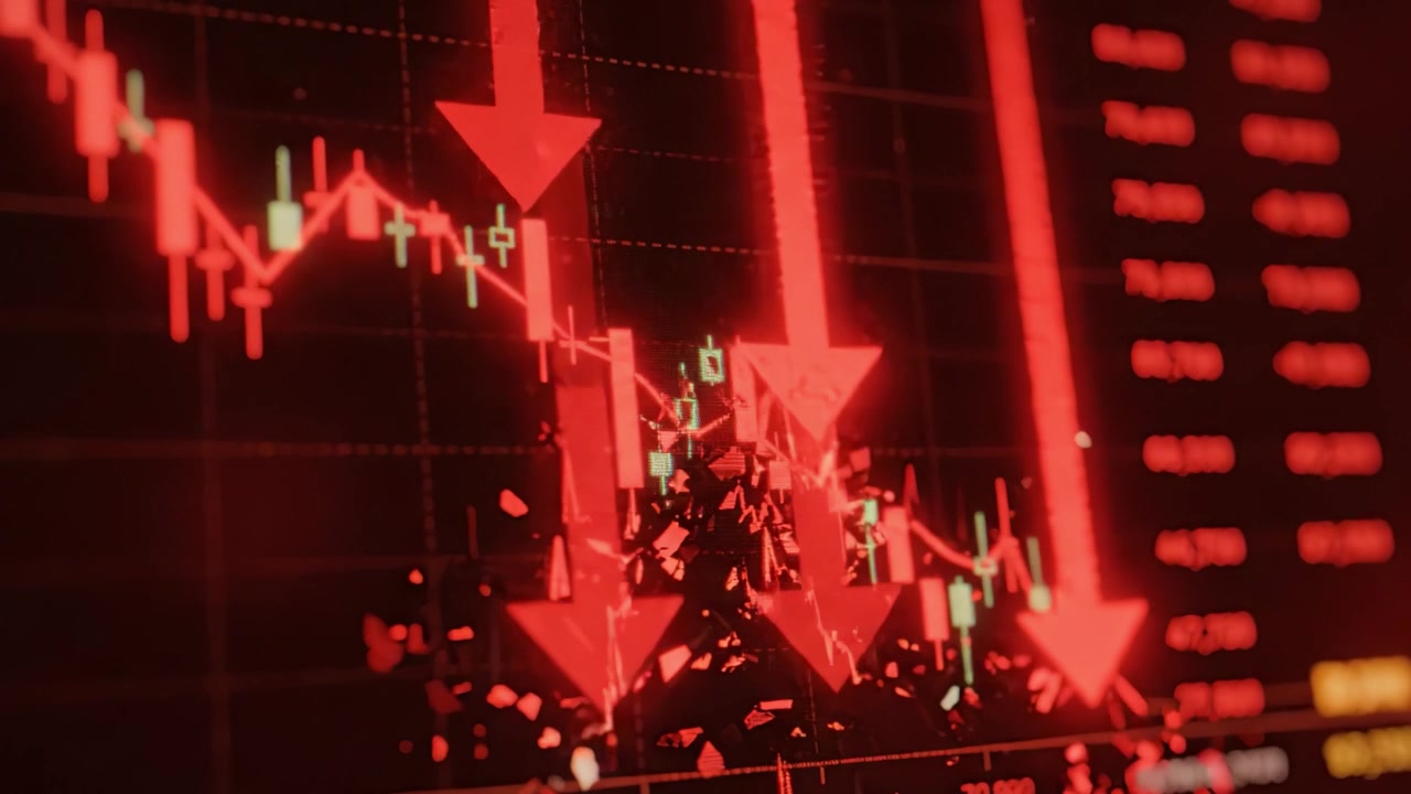 Analysis of a Downward Trend in Stock Market Prices with Red Candlestick Indicators, Highlighting Bearish Market Sentiment and Volatile Trading Patterns.