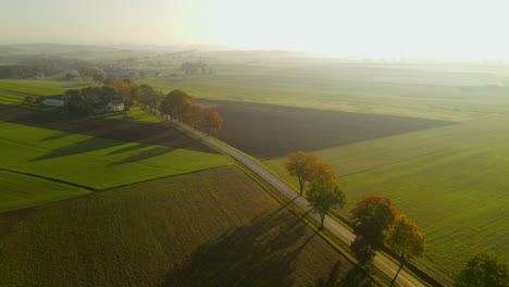 beautiful aerial flight over rural tree lined road through peaceful green countryside farmland