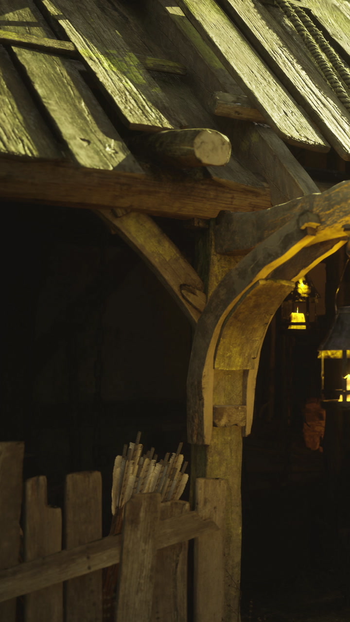 Lantern glow illuminates rustic cabin in enchanted forest setting