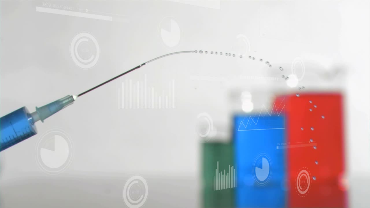 Needle tip forming droplet and ejecting stream arcing toward blurred vials for lab demo with HUD