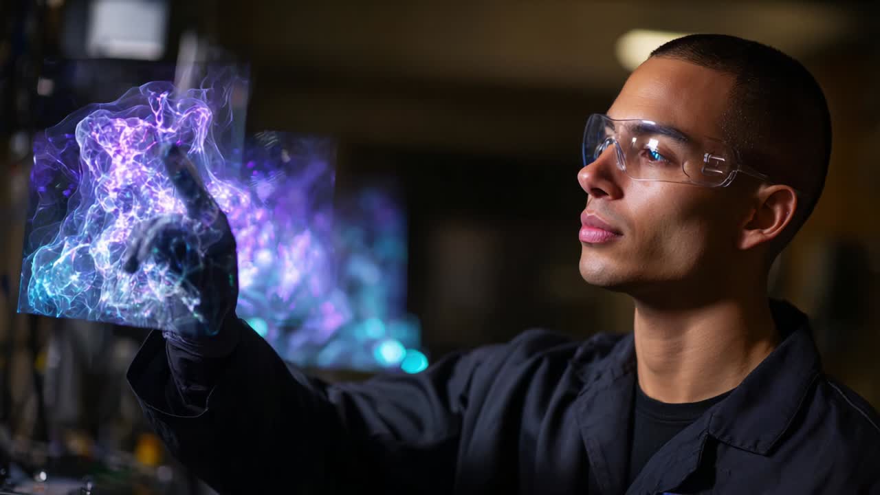 A focused researcher interacts with an illuminated holographic sheet, showcasing vibrant colors and patterns, emphasizing the fusion of technology and creativity in scientific exploration